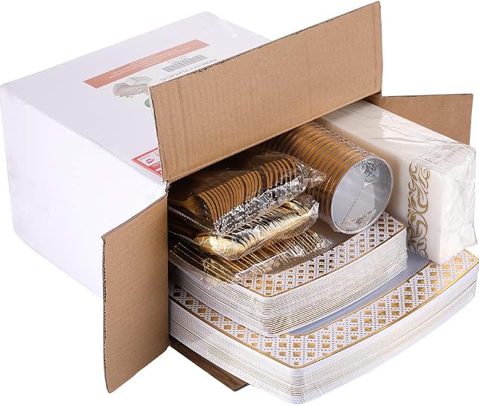FOCUSLINE 175 Ct Gold Dinnerware Set for 25 Guests - Square Plastic Plates with Diamond Rim, Including 25 Disposable Dinner & Dessert Plates, Napkins, Cups, Cutlery