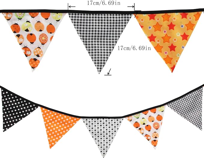 Halloween Pennant Banner, 1 Pack 12 Flags Vintage Halloween Banner Decor Fabric Bunting Flags Orange Garland Fall Decor
