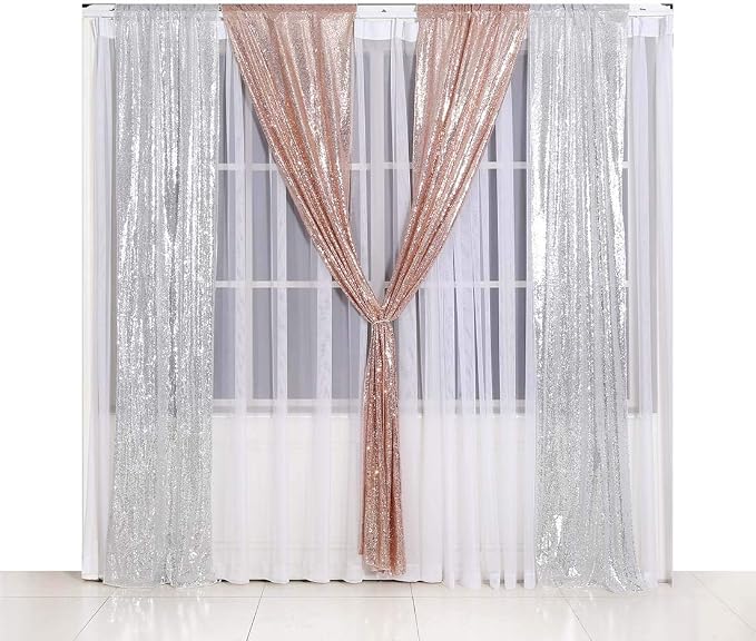 SquarePie 2 PCS 2x8ft Rose Gold Sequin Backdrop Curtains, Satin-Backed Shimmering Photo Booth Background, 2 Panels Narrow Real Sequin Drapes with 4" Rod Pocket for Party, Baby Shower, Doorway Decor