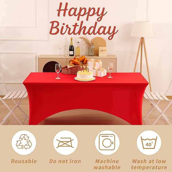 Fixwal 6 Pack 6Ft Red Table Cover, Spandex Fitted Tablecloths Rectangle, Wrinkle-Free and Stretch Folding Table Cloth for Banquet, Wedding, Party, Trade Show