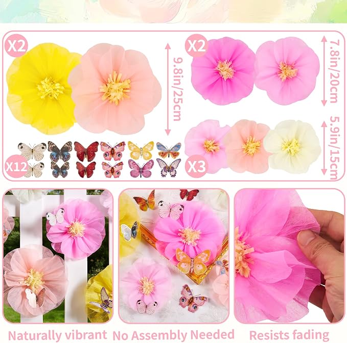 Large Paper Flower Decorations with 3D Butterfly Stickers Pink Yellow Giant Tissue Paper Flowers Pastel Flowers Butterfly Party Decoration for Spring Garden Girls Women Birthday Wedding Party