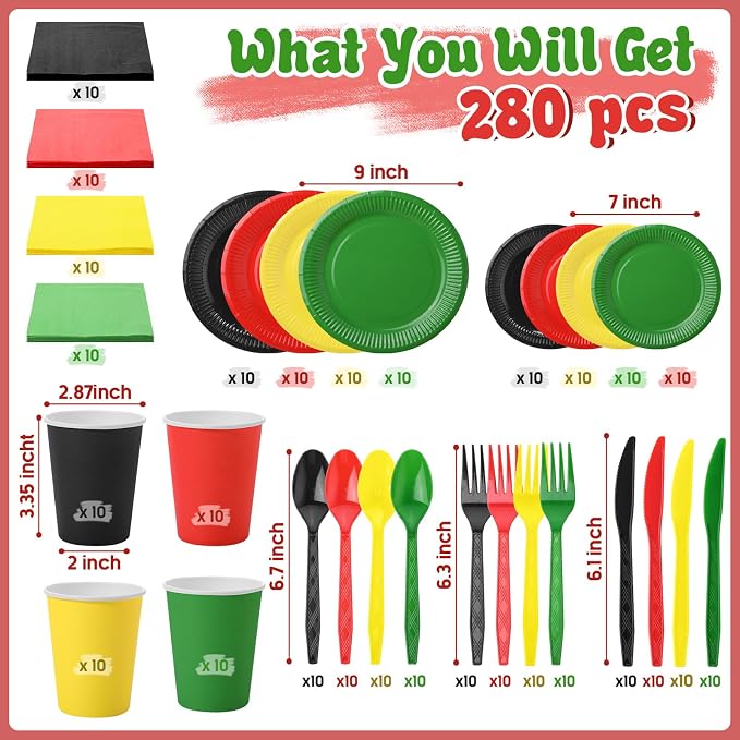 Domensi 280 Pcs Juneteenth Decorations Disposable Paper Plates Napkins Cups Plastic Forks Knives Spoons for African American Appreciation Month Rasta Afro Festival Freedom Day