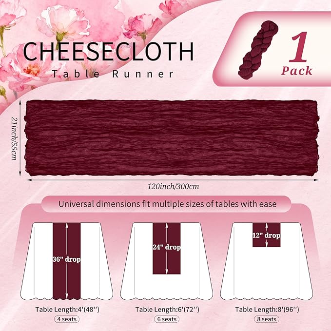 1 Pack Cheesecloth Table Runner 10FT Burgundy Red Table Runner Boho Gauze Cheese Cloth Table Runners Long Rustic Sheer Table Decorations for Wedding Party Baby Bridal Shower Birthday Holiday Home