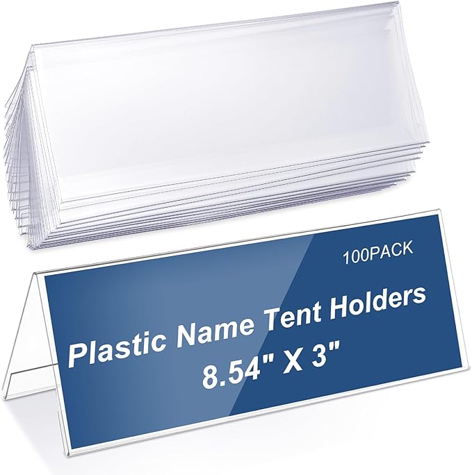 Vicenpal 100 Pieces Clear Plastic Name Tent Holders 8.54'' X 3'' Acrylic Name Plate for Desk PVC Table Tent Card Holder Desk Sign Frame for Office Table Business Conference School Meeting Room