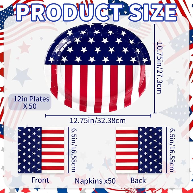 100 Pcs Patriotic Oval Paper Plates and Napkins, 12"×10" Large Disposable Red White Blue American Flag Themed Tableware Set Heavy Duty for Veterans Day Election Day 4th of July Independence Day Decor