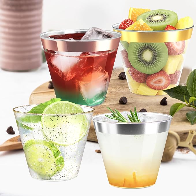 Byvivace [200 Pack] 9oz Plastic Cups with Gold Glitter Sturdy & Food Safe Plastic Wine Glasses Disposable Cups Party Wedding Cups Cocktail Glasses for Wine, Juice & Cold Beverages