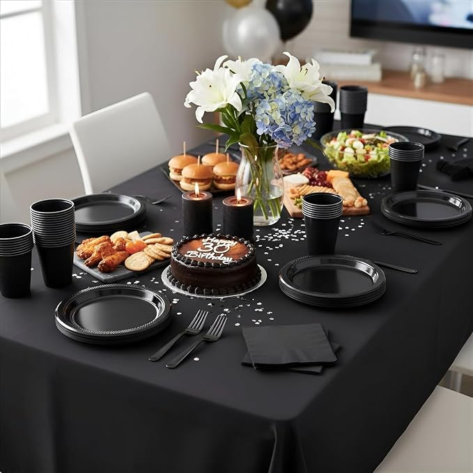 Black Plastic Plates for Party,30 Guest Disposable Plastic Plate Set 9" Plates,7" Dessert Plates,Napkins,Cups,Forks & Tablecloth for Birthday,Halloween,Christmas,Graduations