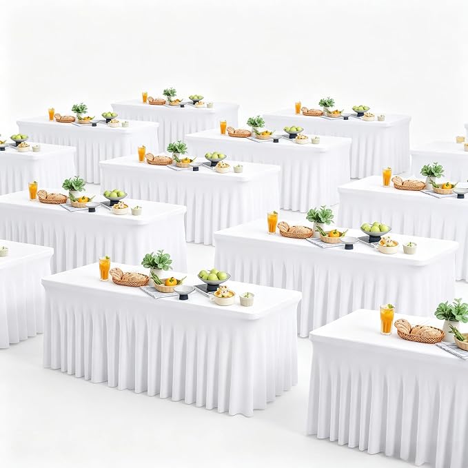 Wish Care 12 Pack White Spandex Table Clothes for 6 Foot Rectangle Tables, 6FT Wrinkle Free Fitted Tablecloths Ruffles Design Table Cloth for Party, Banquet, Wedding and Events