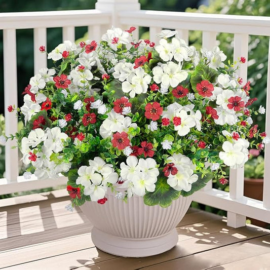 Ouddy Decor 18'' Artificial Geraniums Flowers for Outdoors, 10 Bundles Mixed Fake Silk Flowers Plastic Plants UV Resistant for Summer Garden Porch Patio Planter Home Decor, White