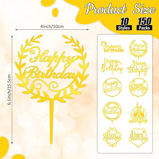 150 Pcs Happy Birthday Cake Toppers Acrylic Cake Topper Glitter Birthday Cake Decorations Double Sided for Adults Various Cake Decoration Party Supplies(Gold,Cute)