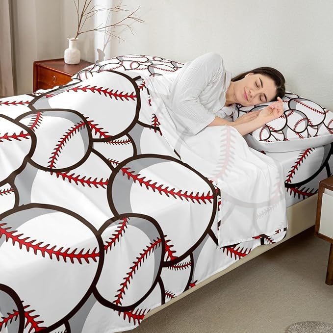 Castle Fairy Baseball Fitted Sheet Set King Size 4 Pcs,3D Baseball Boys Young Man Ball Sports Game,Bedding Sets (1 Fitted,1 Flat,2 Pillowcases) Luxury Deep Pocket Bed Sheets