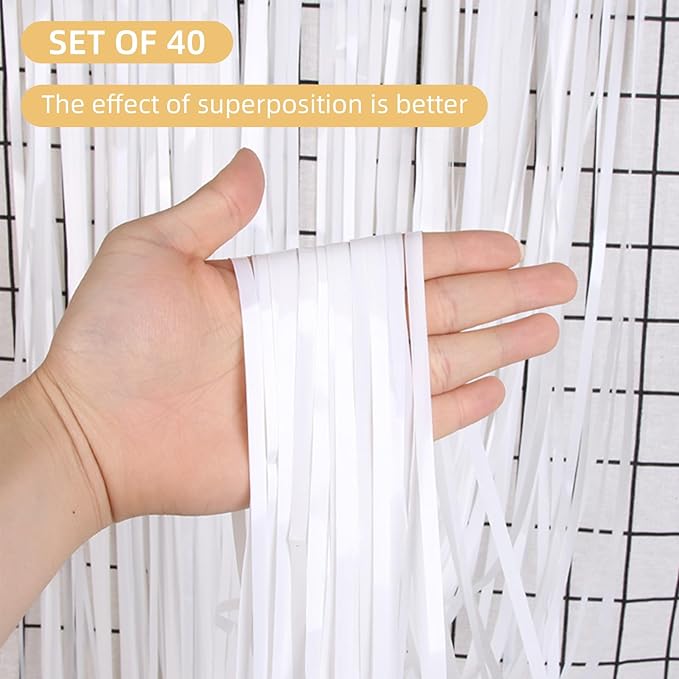 40 Pack White Foil Curtain Backdrop Metallic Tinsel Foil Fringe Curtains Photo Booth Props for Birthday Party Decoration Christmas Holiday Halloween New Year Party Supply, White
