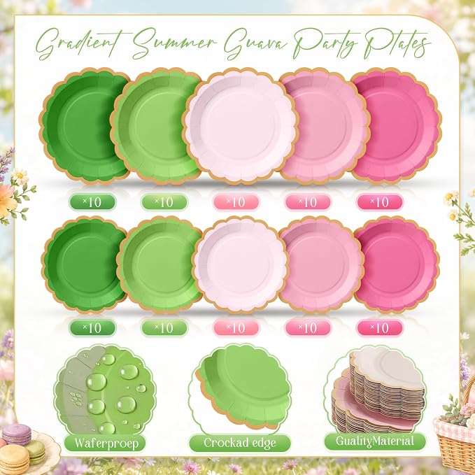 Zhehao 150 Pcs Summer Guava Plates and Napkins Tableware Serves 50 Includes 9 Inch 7 Inch Pink and Green Scalloped Wave Edges Paper Plate and Napkins for Wedding Birthday Baby Shower Party