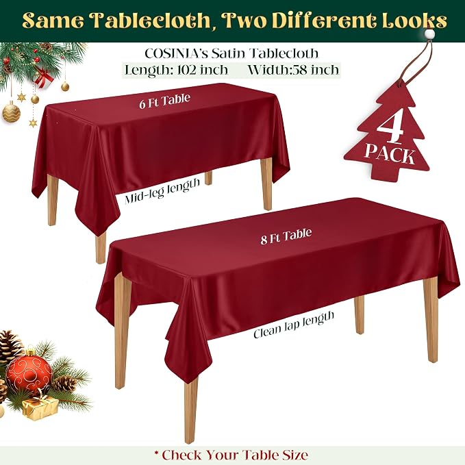 4 Pack Burgundy Satin Tablecloth 58 x 102 Inches, Rectangular Satin Table Cloths for Wedding Reception, Birthday Party, Graduation & Holiday Banquet Tables