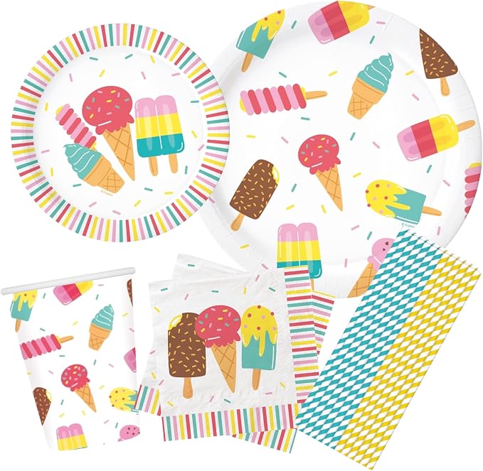 Serves 24 Complete Ice Cream Party Supplies Includes Plates Napkins, Table Covers, Balloons, Swirls, Happy Birthday Banner, Cake Topper, Candles, Straws Ideal for Ice Cream Popsicle Theme Party