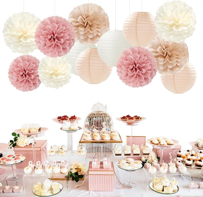 Rose Gold Pink Beige Champagne Party-Decorations Paper Lanterns Panduola | 15pc Tea Party Backdrop Boho Birthday Bachelorette Bridal Baby Shower Engagement Wedding Decor Tissue Pom Poms Streamers