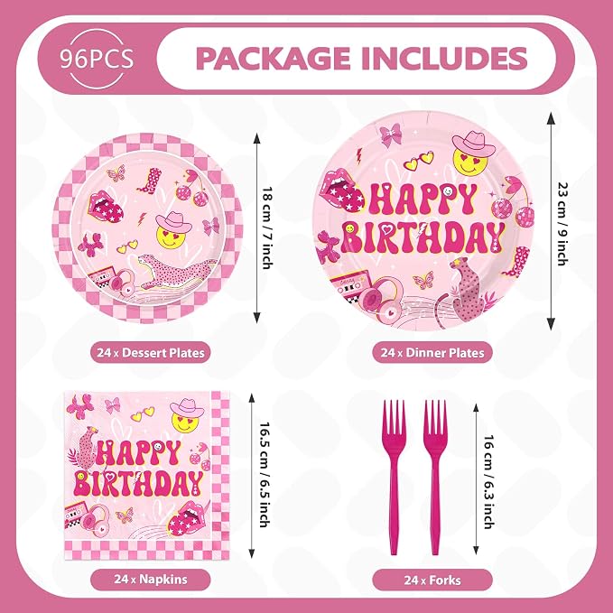 96Pcs Pink Checkered Preppy Graduation Decoration Pink Smiley Face Preppy Plates and Napkins Smile Face Y2k Tableware Set for Girls Graduation Birthday School Party Supplies Serves 24