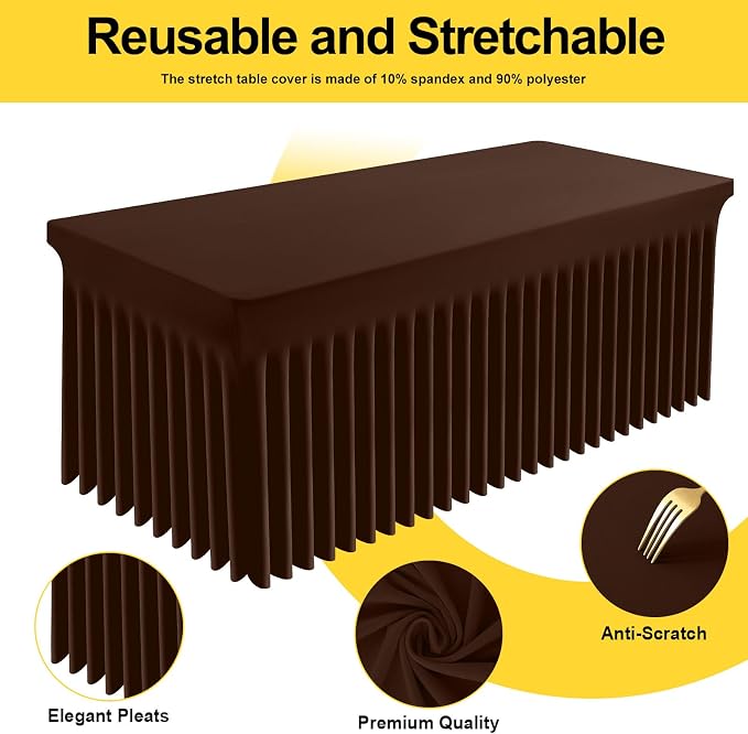 Smiry Spandex Tablecloth 2 Pack, Elastic Fitted Stretch Tablecloth for 6FT Rectangle Tables, Waterproof Washable Table Cover Skirt for Wedding, Banquet & Parties (Coffee, 72Lx30Wx30H Inch)