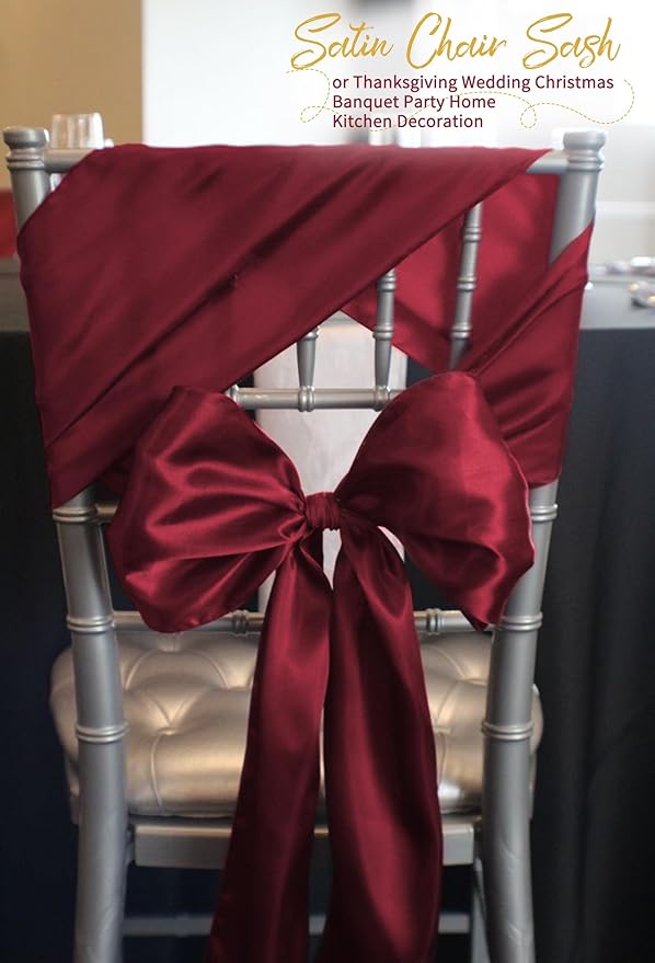 120 PCS Burgundy Satin Chair Sashes, Ties Bows Designed Chairs Decorative, Chair Cover Sashes for Thanksgiving Wedding Christmas Banquet Party Home Kitchen Decoration (7 x 108 inch)