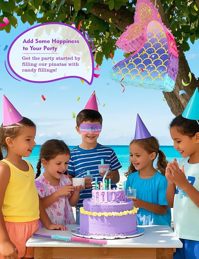 Mermaid Pinatas for Girl, Under the Sea Piñata de Sirena with Wood Stick & Blindfold, Ocean Theme Mermaid Fin and Tail Pinata for Birthday Party Decorations（16"*12"*3"）