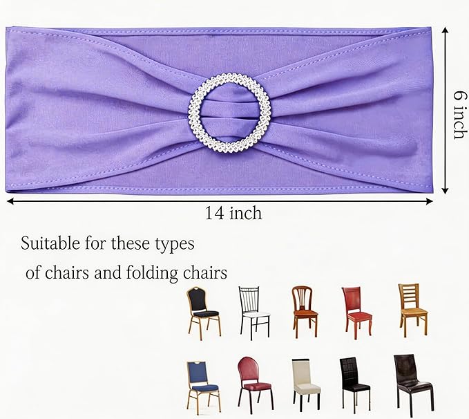 Spandex Lavender Chair Sashes 100 Pack - Light Purple Chair Bows Bands with Silver Buckle for Wedding Birthday Party Bridal Shower Anniversary Engagement Christmas Events Decorations