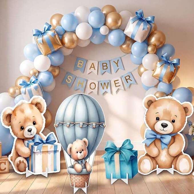Honoson 4 Pcs Large 24" x 32" Teddy Bear Baby Shower Decorations Cardboard Cutouts, Bear Themed Party Yard Signs Blue for We Can Bearly Wait Birthday Gender Reveal Party Supplies Lawn Decor
