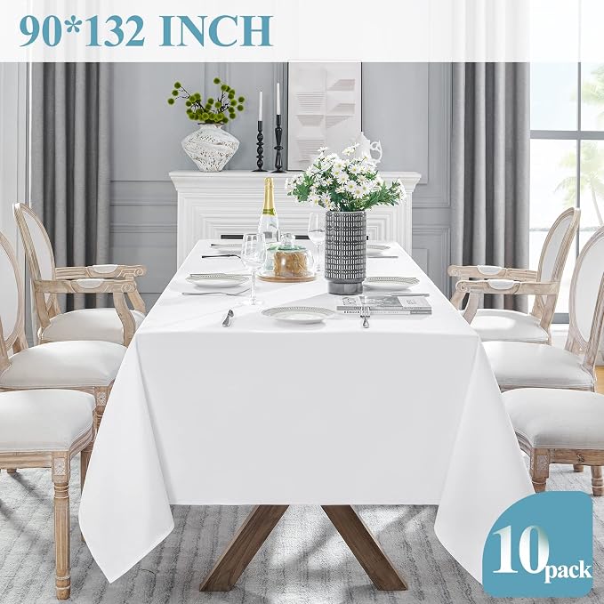 VidaFete Table Cloth 90 * 132inch 10 Pack Rectangle Tablecloth Polyester, Stain Wrinkle Resistant Polyester Dining Table Cover for Kitchen Dinning Party Wedding Rectangular Tabletop Decoration(White)