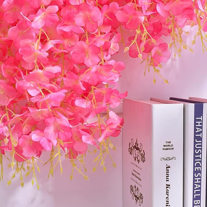 12 Pack Artificial Wisteria Hanging Flowers Fake Wisteria Flower Silk Vines Rattan Decor for Home Wedding Arch Wall Garden Greenery Bedroom Outdoor Office Party Decoration (Dark Pink)