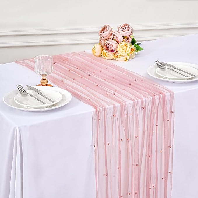 Pink Pearl Table Runner Wedding Decor: 10ft Pearl Table Runners 29x120 Inch 12-Packs Lace Chiffon Fabric for Baby Shower Decor Birthday Party Dining Table Indoor Outdoor (Dusty Pink)