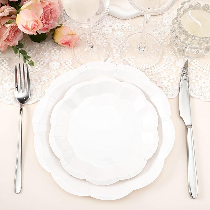 NatNarr 350 Pcs White Party Supplies Include Scalloped Plate Napkin Cup Forks Knives, Plastic Cutlery 50 Guest Disposable Parties Tableware Set for Wedding Baby Shower Bridal Shower Birthday Party