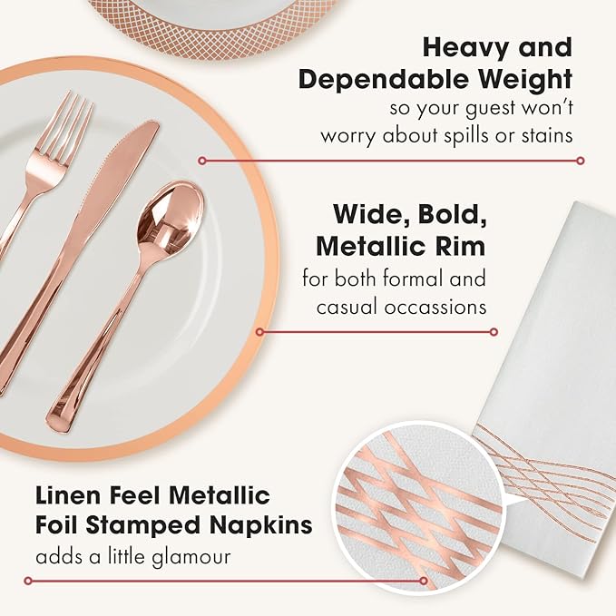 By Madee PREMIUM Elegant Disposable Dinnerware Set - 175 Pc Rose Gold Plastic Plates and Utensils Set with Luxury Napkins - Perfect for Weddings, Bridal & Baby Shower (25 Guests)