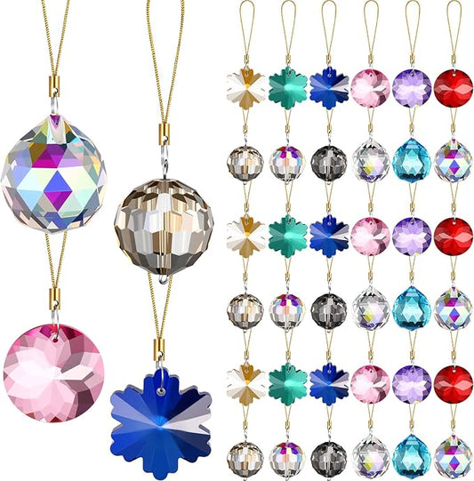 XunYee 36 Pcs Crystal Glass Christmas Balls Ornaments, 1.18" Mini Hanging Crystal Prism Xmas Tree Decorations Pendants for Home Wedding Birthday Party Holiday Decorations(Multi Color,Mixed Styles)
