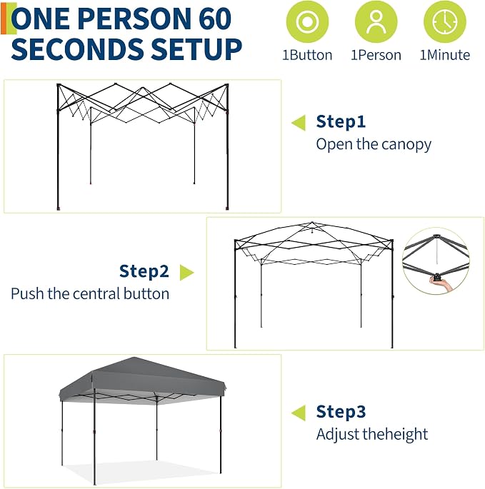 10x10 Heavy Duty Pop Up Canopy – One-Person Setup Outdoor Tent with Roller Bag, Adjustable Heights, Sandbags, Stakes & Ropes – Instant Grey Shelter, No Sidewalls