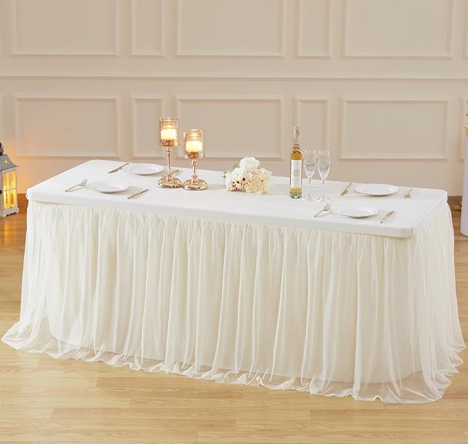 2 Pack Champagne Tulle Tablecloth Table Skirt for 6 Foot Rectangle Tables, Party Table Cloths Ruffle Tutu Table Skirt Stretch Fitted Table Covers for Baby Shower Wedding Bridal Shower Reception