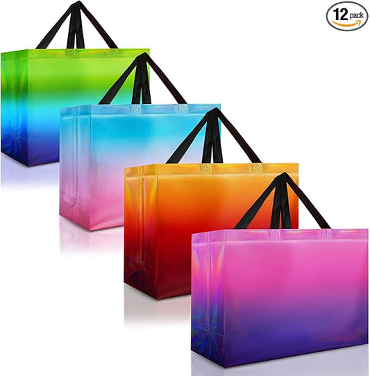 Nush Nush Rise Mix Extra Large Gift Bags with Handles – Set of 12 Reusable XL GIft Bags in 4 Vibrant Ombre Colors with Glossy Finish – XL Goodie Bag for Birthday Parties, Party Favors – 15.5Wx6Dx12H