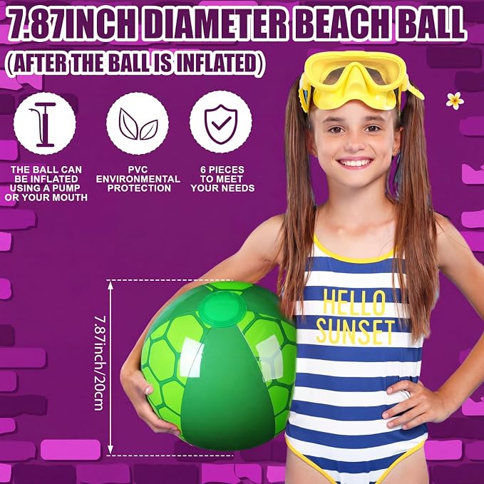 Leyndo 6 Pack Turtle Themed Beach Ball for Kids 7.87" Bulk for Summer Pool and Beach Game Gifts and Birthday Party Supplies and End of The Year Class Party Decoration Favors