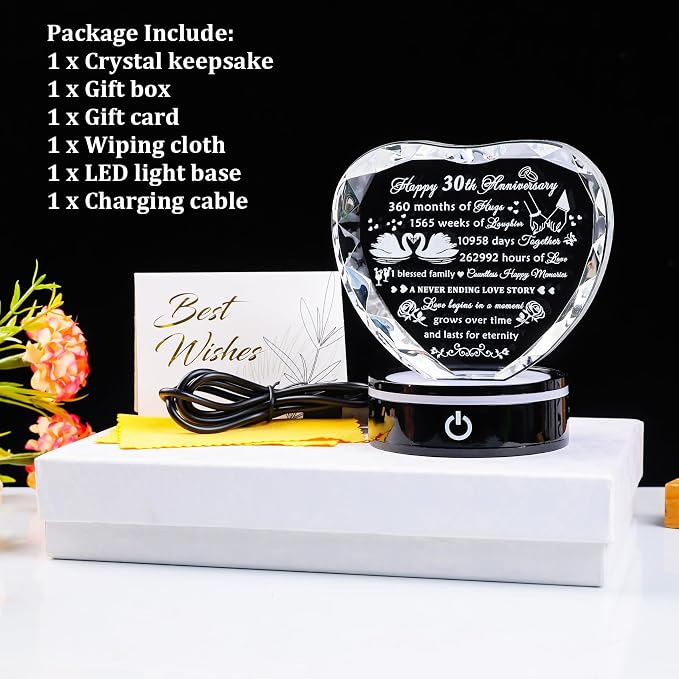 YWHL 30th Anniversary Crystal Heart Gifts for Couples Parents, Laser Engraved Romantic 30 Year Wedding Anniversary Crystal Keepsake Gifts for Wife Husband, 30 Years of Marriage Gift for Her Him