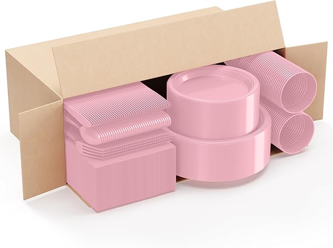 350 Pcs Pink Plastic Plates For Party, Pink Disposable Plates Set, 50 Of Each 9" Dinner Plate Set, 7" Dessert Plate, Cups, Napkins & Cutlery Plastic Dinnerware Set Exquisite