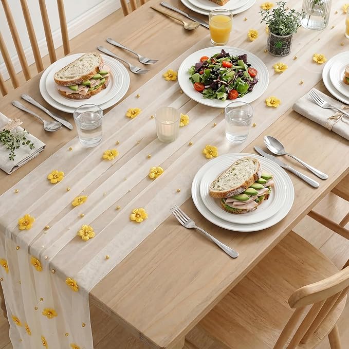 Artoid Mode Yellow Flower Pearl White Gauze Table Runner 10FT 6PC, Seasonal Sheer Dining Holiday Wedding Birthday Baby Shower Table Decor for Home Party