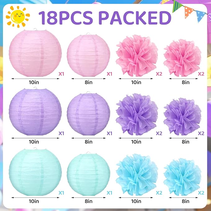 18pcs Blue Paper Lanterns Decoration Purple Blue White Hanging Décor Pom Poms Paper Flower Party Supply for Baby Shower Wedding Valentine Birthday Party
