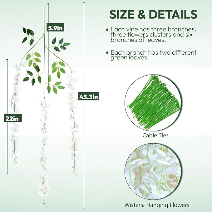 12 Pack Wisteria Hanging Flowers, Fake Hanging Flowers, 3.61 Ft Artificial Flower Vines Strings, Silk Wisteria Flowers for Home Wedding Arch Backdrop Outdoor Party Garden Yard Decor (White)