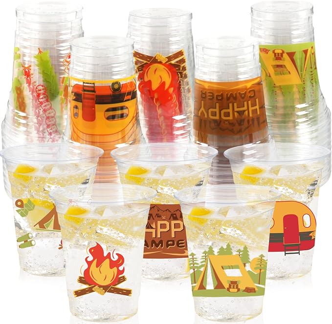 Camping Party Decorations Cups, 100 Pcs 12Oz Bulk Disposable Drinking Camping Theme Plastic Cups for BBQ Coffee Tea Beverage Backyard Birthday Shower Wedding Party Decorations Favors