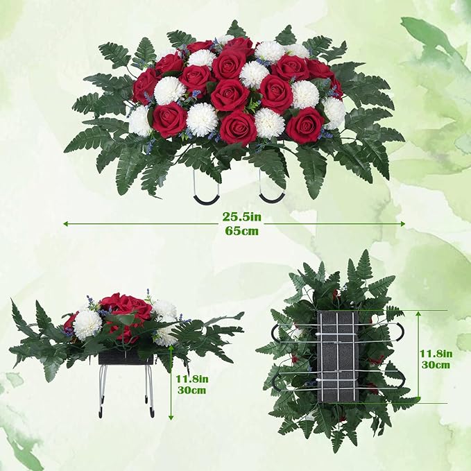 Artificial Cemetery Flower Headstone Flower Saddle 2 Chrysanthemum Rose Bouquets with Vase Memorial Flowers Grave Saddles for Headstone Outdoor Grave Tombstone Decor (Red White)
