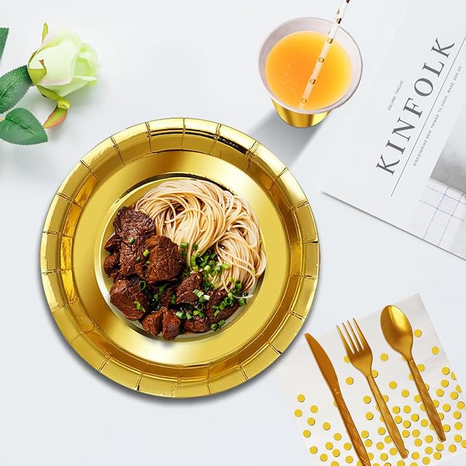 Nkaiso 193 Pcs Golden Paper Plates and Napkins Party Supplies Sets Include Gold Party Plate Cup Napkin Plastic Cutlery for Baby Shower, Wedding, Birthday Decoration -24 Guest
