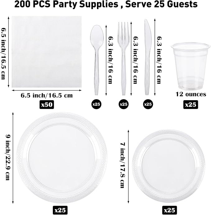 Aodaer 200 Pieces Clear Party Supplies Disposable Dinnerware Set Include Plastic Plates Cups Knives Forks Spoons Paper Napkins for Birthday Wedding Graduation Parties, Serve 25 Guests