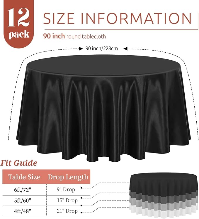 12 Pack 90 Inch Round Tablecloth, Black Satin Fabric Table Cloth for Round Tables, Wrinkle Resistant Washable Table Cover Bright Silk Tables Clothes for Wedding Party Dining Banquet
