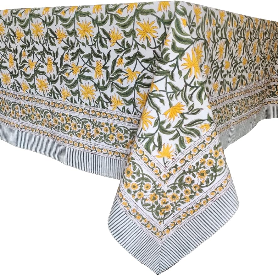 ATOSII 'Noor' 100% Cotton Boho Rectangle Tablecloth, Handblock Floral Print Linen Table Cloth for Dining Table I Tabletop I Parties/Outdoor I Wedding I Spring/Summer (60" X 108")