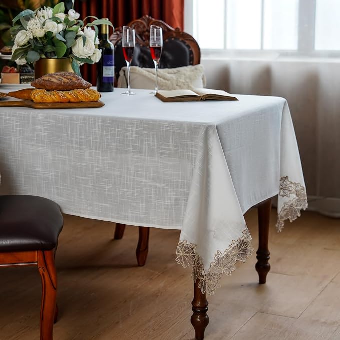 ARTABLE Lace Tablecloth Linen Fabric White Rectangle Table Cloth Fall Christmas Washable Table Cover for Kitchen Home Picnic Indoor Outdoor Camping Dining Decor (Offwhite, 60 x 84 Inch)