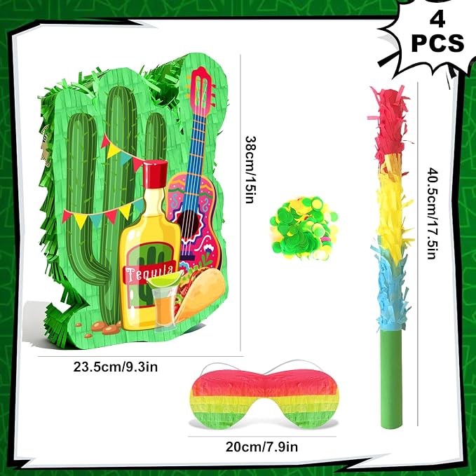 Mexican Cactus Piñata, 4pcs Mexican Pinata Set Includes Cinco De Mayo Cactus Pinata Blindfold Mexican Piñata Stick etc Mexican Fiesta Decorations Mexican Party Decorations