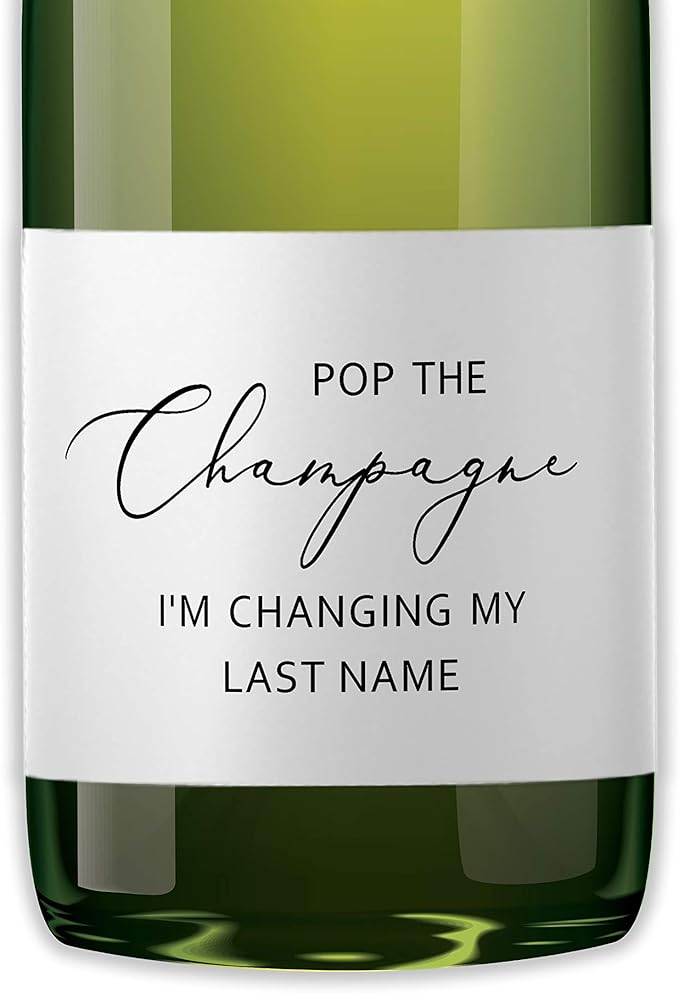 POP The Champagne I’m Changing My Last Name Labels ● Set of 12 ● Bachelorette Party Bridal Shower Bride Squad Mini Champagne Bottle Labels Wine Label Alternative to Cards Shirts (Minimalist)